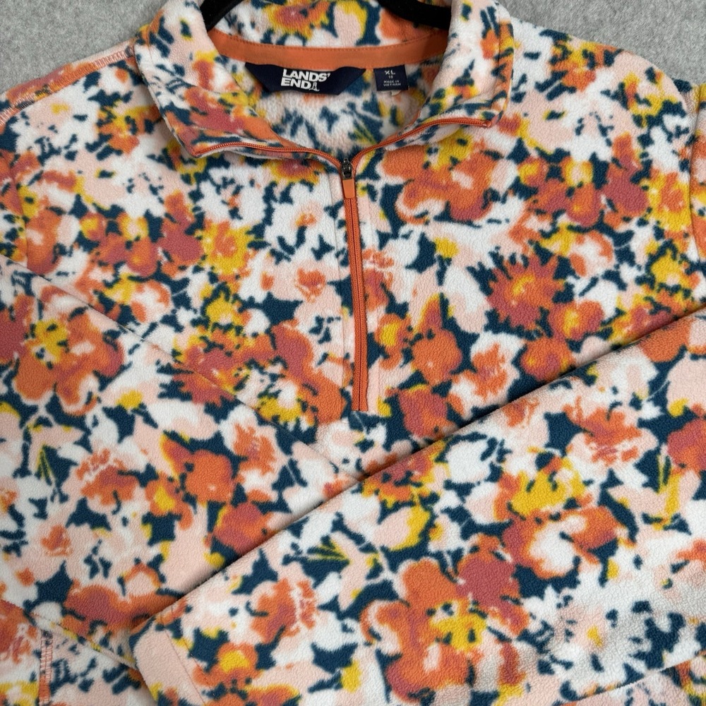 Land's End Women's XL Floral Print Qrt Zip Pullover Fleece Orange/Blue Flowers